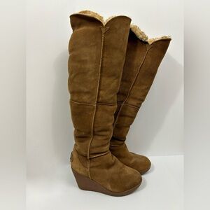 Bearpaw Women’s Knee-high Suede Sherpa Lined Wedge Boots